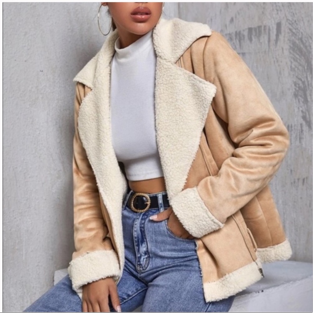 Tan Vegan Fur Shearling Vegan Suede Lined Jacket